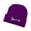 Purple wool knit beanie with white Yours embroidery for autumn and winter warmth - Purple
