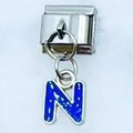 Italian charm link featuring a blue enamel letter N pendant on a silver metal base - Letter N