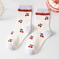 White crew socks with cherry print, purple ribbed cuffs and decorative brown wavy edges - One Size / Bubble Cuff Cherry