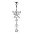 Macro shot of silver butterfly navel ring with marquise and round cut gemstones - Silver-Butterfly Dangle