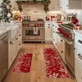 Detailed close-up of a two-piece red Christmas kitchen mat set on a light wood floor - Christmas Kitchen Set - 11 / 50*80cm【Skin-friendly Velvet】