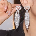 Luxury silver heart earrings with sparkling rhinestones and long tassel drops - Silver Heart Tassel Pendant Style (LDE017S-W)