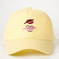 Pale yellow cotton baseball cap featuring high-quality red and pink lips embroidery - One Size / Goose Yellow