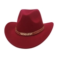 Detail view of a red felt cowboy hat featuring a sparkling rhinestone decorative band - One Size / Burgundy