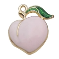 Pink enamel peach pendant charm with green leaf and golden rim for DIY jewelry - Peach