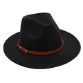 Detail view of the black felt fedora hat featuring a brown leather band and gold buckle - M (56-58cm) / Black