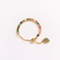 Adjustable gold chain ring with colorful rainbow crystals and a heart-shaped metal pendant - Adjustable Open / Dark Multicolor - Gold