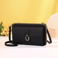 Detail of black lychee grain leather crossbody phone bag with gold U-shaped metal buckle - Black