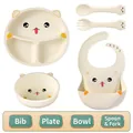 5-teiliges Silikon-Baby-Esslernset in Cremeweiß mit niedlichem Katzenmotiv und Saugfuss - Lätzchen + Teller + Schüssel + Löffel & Gabel / Süßes Katzenmuster 4-teiliges Set