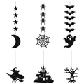 Ghirlande di Halloween nere glitterate con motivi di ragno, strega, fantasma e pipistrello - Set di Decorazioni Appese di Halloween Nero Glitterato (Y-00129)