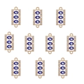 Macro view of 10 gold alloy evil eye connectors with blue stones and crystals for DIY jewelry - Style 3 Gold Rectangle Eyes