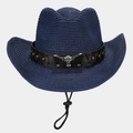Detail of navy straw cowboy hat with leather band and metallic bull head ornament - Navy Blue