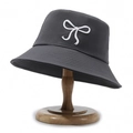 Dark grey bucket hat with white bow embroidery and wide brim for sun protection - Dark Gray