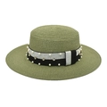 Close-up of pearl and rhinestone embellishments on green straw sun hat brim - Army Green