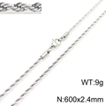 Hip hop silver stainless steel twisted rope chain necklace 600x2.4mm 9g for men and women - 2.4mm Width 600mm Length (KN228827-Z)