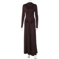 Detailed view of the waist draping and twist design on the dark brown long sleeve dress - S / Coffee