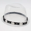 Detail of black leather hat band accessory with embossed silver round metal buckle - One Size / Three Balls