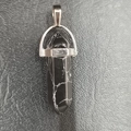 Natural black hexagonal quartz point pendant with silver bail and white marbling - Synthetic Black Turquoise