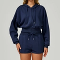 Women's dark blue zip-up hoodie and high-waist drawstring shorts athletic two-piece set - XL / Midnight Blue