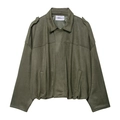 Giacca da donna in finto scamosciato verde oliva con colletto e tasche, taglio corto - XS / Verde oliva