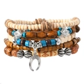 Handmade multilayer beaded bracelet with wood beads, blue accents, and silver moon charm - Silver Crescent Ethnic Style (66)
