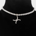 Silver-toned choker necklace with square-cut zircons and a sparkling cross pendant - Letter X [Silver]