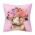Pink square cushion cover with cute rabbit floral crown illustration for home decor - 16 Rabbit