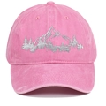 Detailed close-up of pink washed cotton baseball cap featuring mountain embroidery - One Size(Adjustable) / Pink