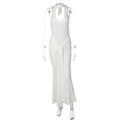 Detail of waist-knot design on a white halter-neck maxi dress with floor-length hem - S / White
