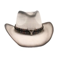 Cappello da cowboy in paglia bianco panna con sfumatura e teschio di toro in metallo - Taglia unica(56-58cm) / Bianco