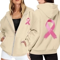 Beige breast cancer ribbon zip up hoodie featuring pink ribbon graphics on front and back - S / Khaki