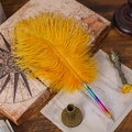 Yellow ostrich feather pen with rainbow metal barrel and vintage bronze pen holder - Gold Yellow