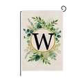 Christmas garden flag featuring a gold ring and green leaf wreath with initial letter W - Letter W