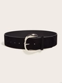 Close-up of black suede wide belt with polished silver horseshoe buckle on white background - Silver Pin Buckle (5.8cm Wide) / Black