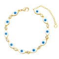 Detailed macro view of gold evil eye bracelet with colorful enamel and zircon charms - White