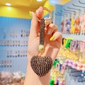 Sparkling bronze heart keychain with rhinestones and matching leather tassel strap - Grey Heart