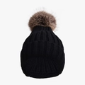 Black ribbed knit beanie for winter with a large brown faux fur pom-pom detail - Kids (50-54cm) / Black
