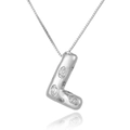 Macro detail of silver letter L pendant with pavé set white cubic zirconia stones - L