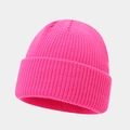 Detailed close-up showing the ribbed knit texture and cuff of the rose pink beanie cap - One Size / Sunset Red