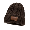 Berretto invernale in maglia a trecce marrone scuro con etichetta in pelle city casual - Regolabile / caffè