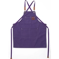 Purple waterproof canvas work apron with brown leather trim and cross-back straps - Purple