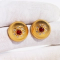 French vintage gold round stud earrings with red main stone and sparkling star halo - Red Zirconia