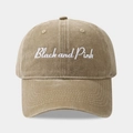 Vintage khaki washed cotton baseball cap with Black and Pink embroidery for unisex casual wear - Adjustable / Khaki