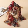 Elegant long chiffon scarf featuring red peony floral print on warm beige fabric - Beige Red Peony
