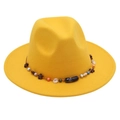 Close-up of yellow wool fedora hat featuring bohemian beaded band with floral charms - One Size / Yellow (Obsidian Decoration)