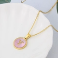 Minimalist gold necklace featuring a round pink shell pendant with letter Y inlay - Pink-Y