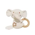 Organic cotton elephant baby rattle with natural wooden ring and star embroidery - Elephant Style Organic Cotton Wood Ring Rattle