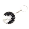 Handmade tree of life keychain with silver wire wrap and black natural crystal stones - Round Black Obsidian