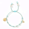 Light blue hand-woven cotton cord bracelet with gold religious charms and white beads - Light Blue