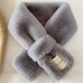 Thick grey faux rabbit fur scarf with cross-pull design and sewn rectangular label - Gray